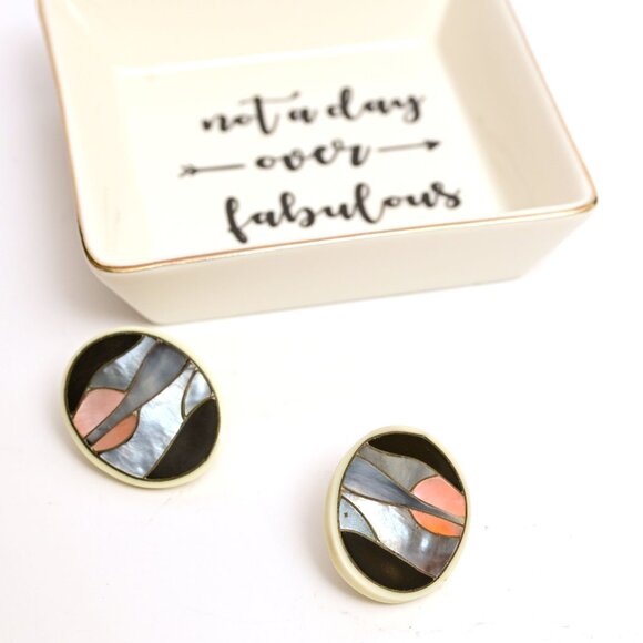 LEE SANDS- Vintage 80’s Jewelry - VINTAGE 80’s Lee Sands Ebony Black with Rare Inlaid Sunset Design Earrings